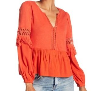 Lucky Brand Cut Out Peasant Fringe Top